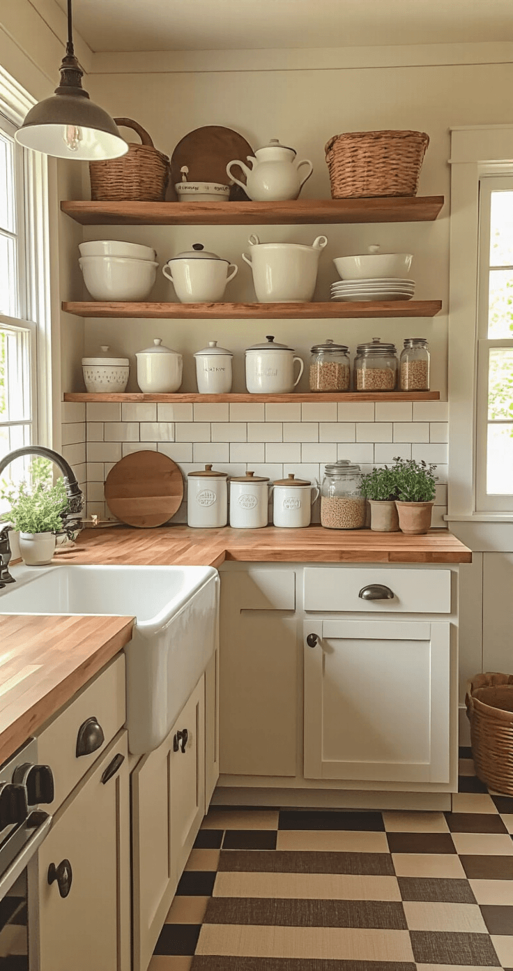 Before and after transformation of a tiny kitchen with farmhouse-inspired design, featuring shaker-style cabinets, an apron-front sink with a vintage faucet, open shelving with white enamelware, warm wood butcher block countertops, subway tile backsplash, Edison bulb pendant lights, a checkerboard runner rug, and a cheerful atmosphere filled with potted herbs and glass canisters.