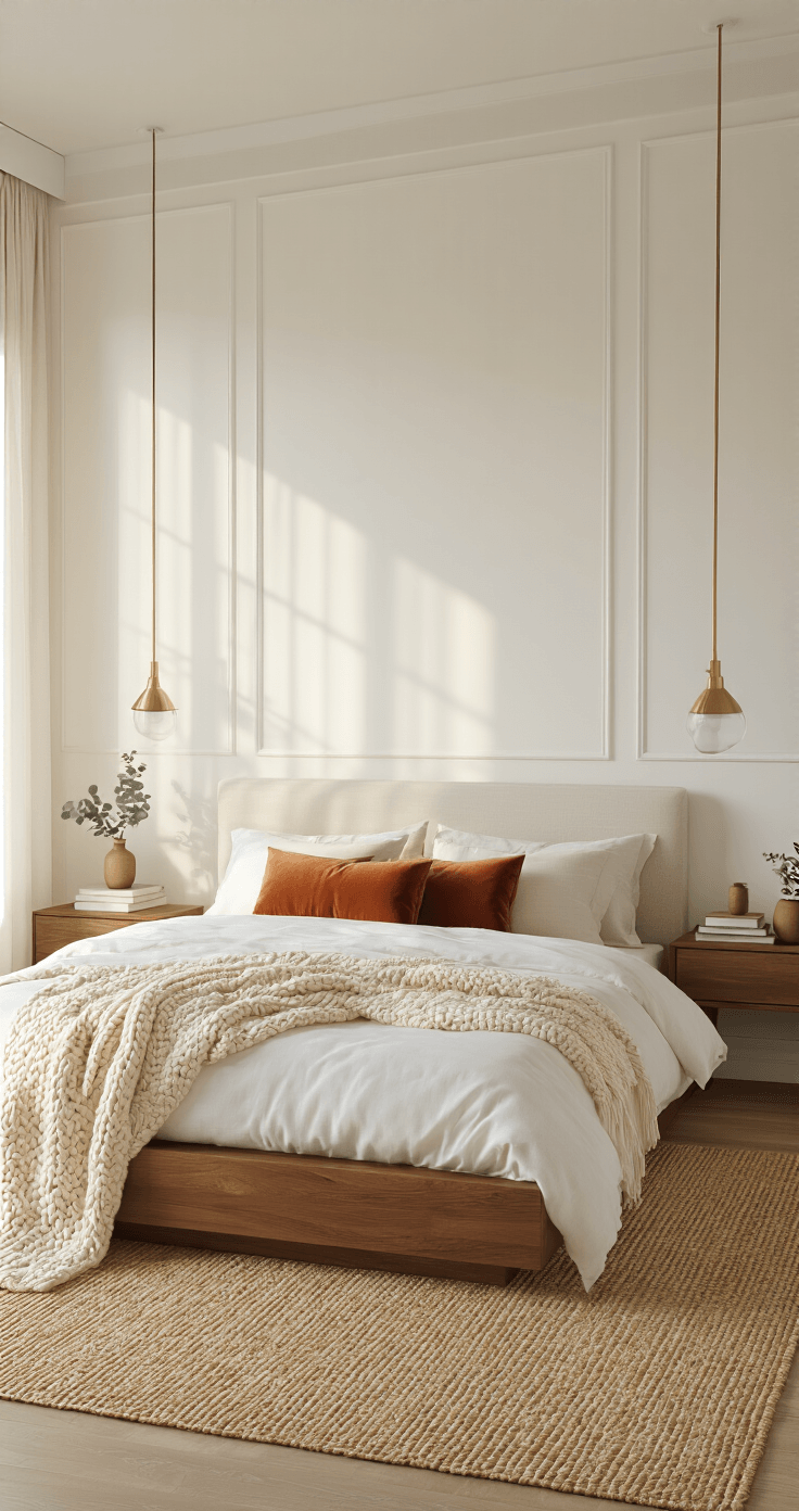 Photorealistic modern bedroom interior featuring a king-size platform bed with white linen bedding and a chunky cream knit throw, illuminated by golden hour light through sheer curtains, captured from a doorway corner at a low angle. Flanked by walnut nightstands with brass lamps and decor, along with a large jute area rug, the scene evokes a cozy, inviting atmosphere.
