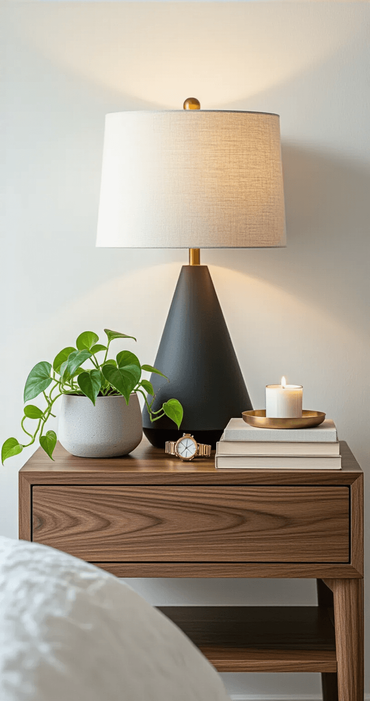 Intimate close-up of a modern nightstand featuring a matte black table lamp, a round concrete planter with pothos, stacked books, and a brass tray with a gold watch and candle, set against white walls and warm linen bedding in soft morning light.