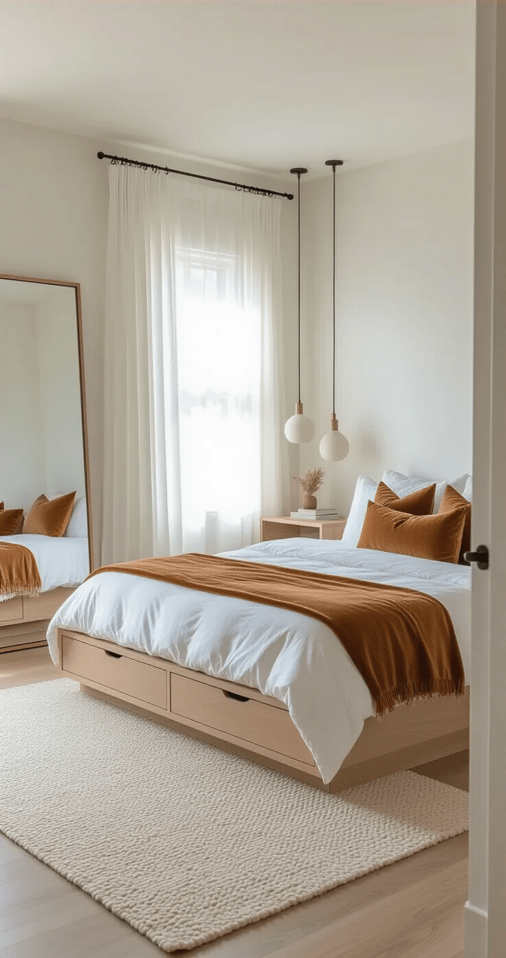 Wide-angle view of a compact modern bedroom featuring a low-profile queen platform bed with built-in storage, minimalist wall-mounted nightstands, and a large leaning mirror, all illuminated by bright afternoon light filtering through sheer white curtains, with a neutral color palette and an 8x10 wool rug anchoring the space.