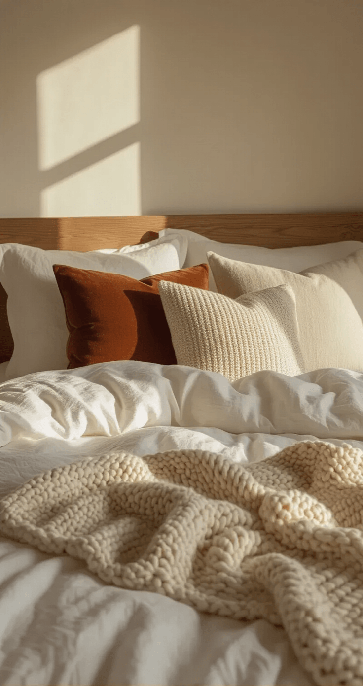Close-up of layered bedroom textiles in golden hour light, featuring rumpled white linen sheets, a cream duvet, an oatmeal wool knit throw, and decorative pillows in rust velvet, cream boucle, and soft taupe linen, with rich shadows accentuating texture details against a blurred warm background.