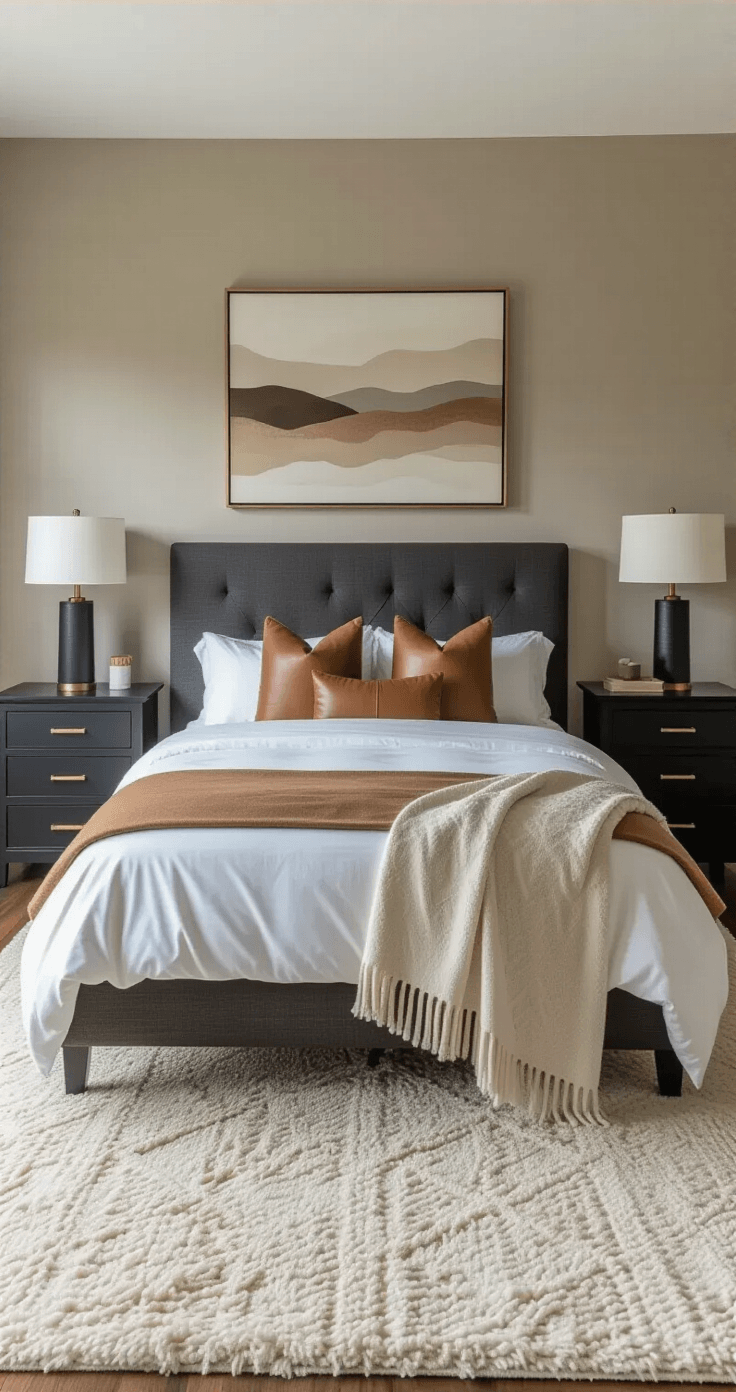 Sophisticated bedroom with a warm greige feature wall, centered king bed with charcoal linen headboard, hotel-white bedding, caramel leather and cream cashmere throws, dark walnut nightstands with brass lamps, abstract canvas above bed, plush cream area rug, and sleek black dresser, captured in soft morning light.