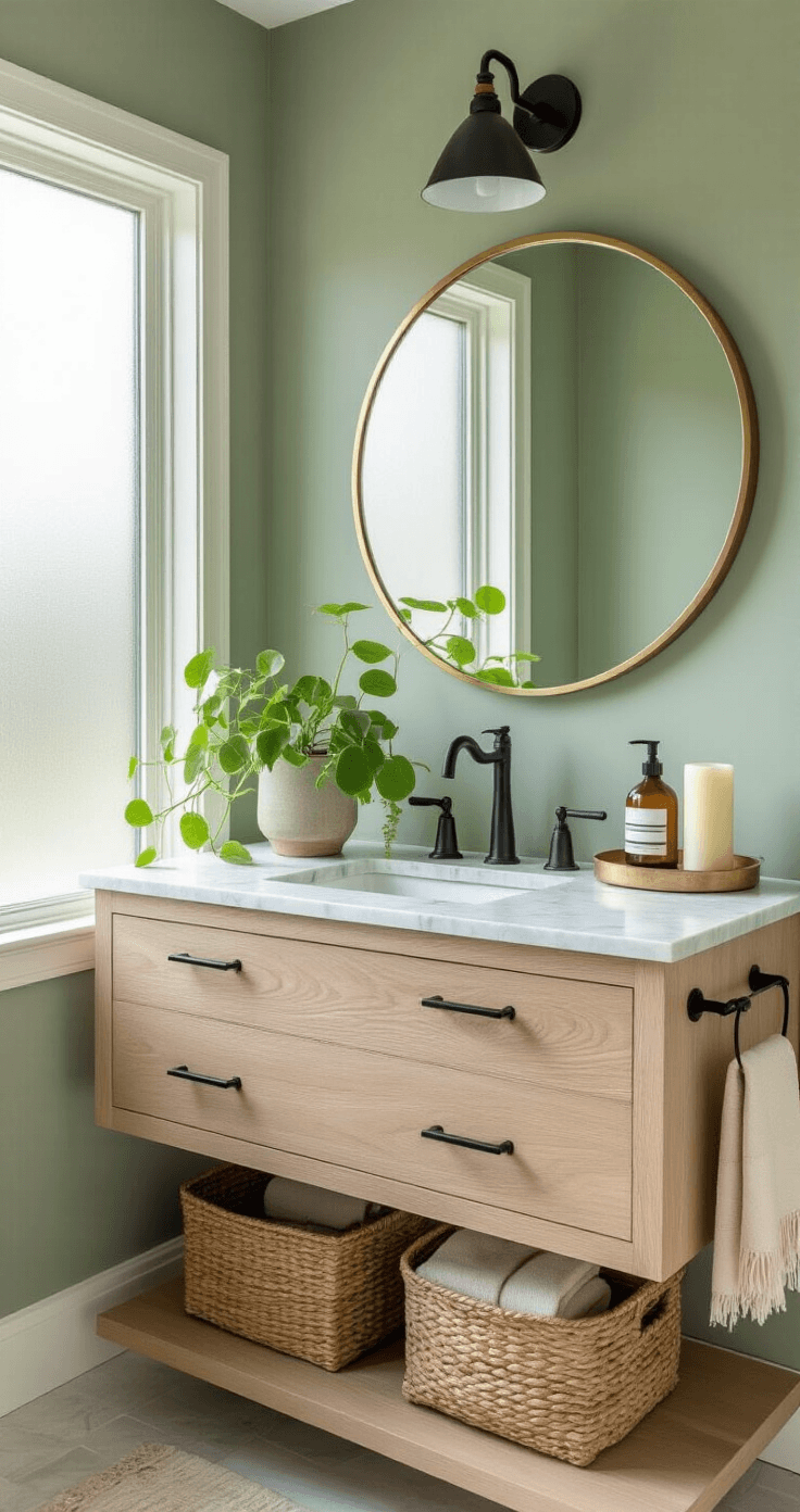Photorealistic powder room with sage green accents, featuring a floating white oak vanity, honed Carrara marble countertops, and a circular brass-framed mirror. Golden hour light filters through a frosted window, highlighting a styled vanity tray with a pothos plant, amber soap dispenser, and white candle, alongside a cream linen hand towel.