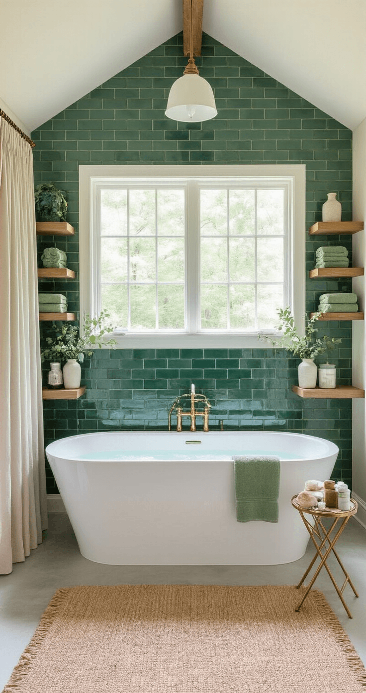 Spacious master ensuite bathroom featuring a freestanding white soaking tub with a forest green subway tile feature wall, illuminated by soft morning light filtering through sheer curtains. Brushed brass fixtures and deep emerald tiles create a luxurious ambiance, complemented by white oak floating shelves and polished concrete floors. The scene captures a spa-like atmosphere with rich textures and dramatic lighting.
