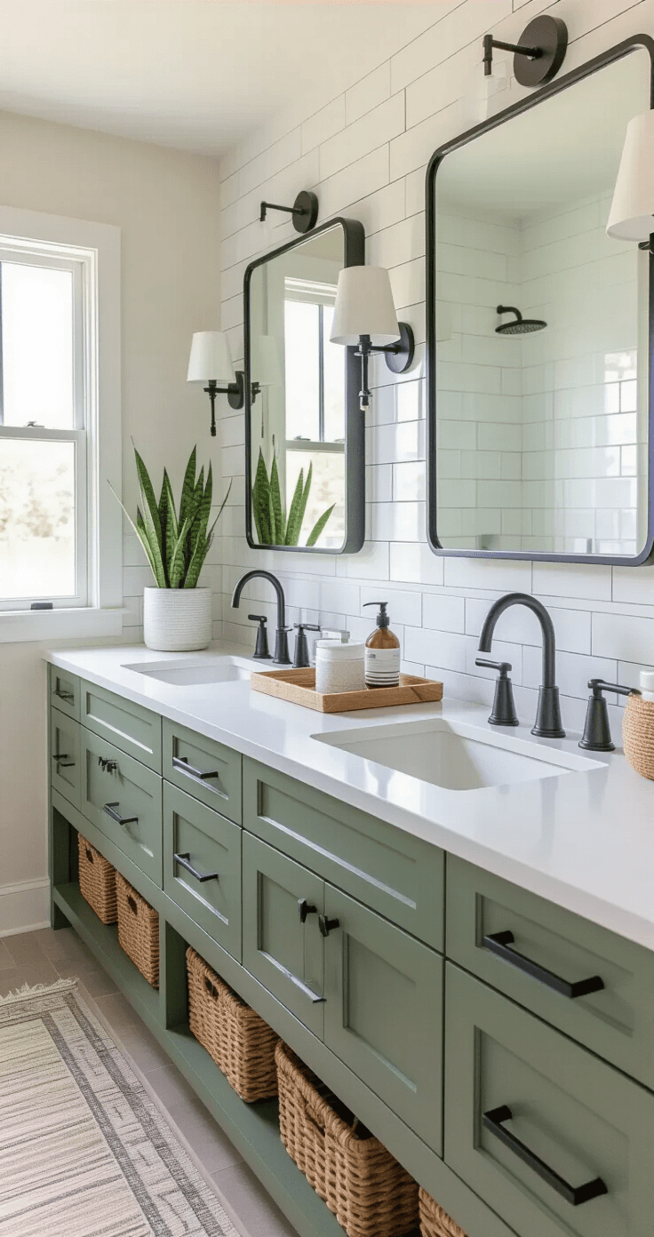 A contemporary bathroom vanity showcasing white quartz countertops, sage green lower cabinets, and matte black hardware, featuring double vessel sinks with brushed brass faucets, surrounded by organized decor and bright natural lighting.