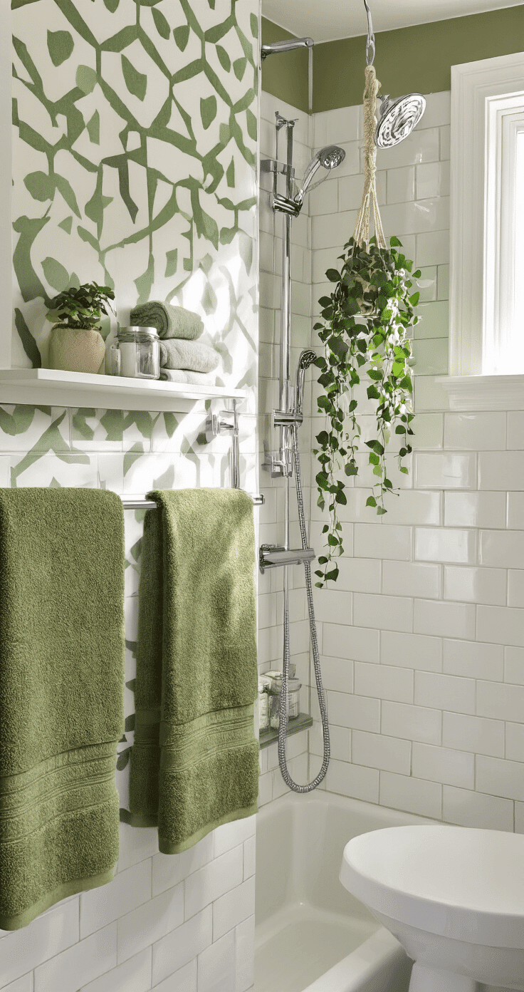 A small rental bathroom transformed with removable elements, featuring olive green towels, adhesive geometric wallpaper, and a hanging eucalyptus bundle. Late afternoon light casts dramatic shadows over white ceramic tiles. A floating corner shelf holds trailing ivy in a macrame hanger, while canvas botanical prints lean on the walls. An over-toilet storage ladder displays rolled towels and glass apothecary jars, showcasing a bright, budget-friendly design with layered textures and professional styling.