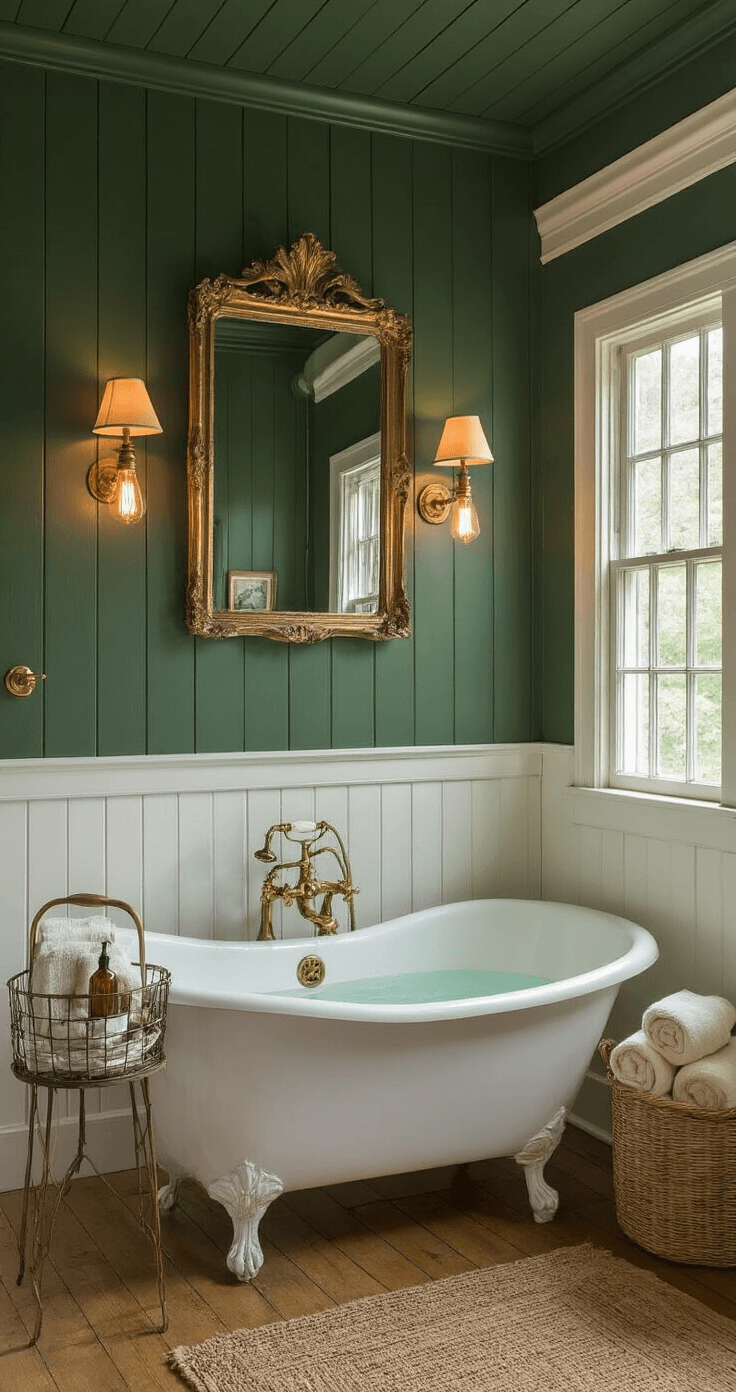 Moody bottle green bathroom with shiplap walls, vintage brass fixtures, warm Edison bulb sconces, a clawfoot tub, and rich textures, featuring a gold-framed mirror and cozy decor elements, captured in warm, romantic lighting.
