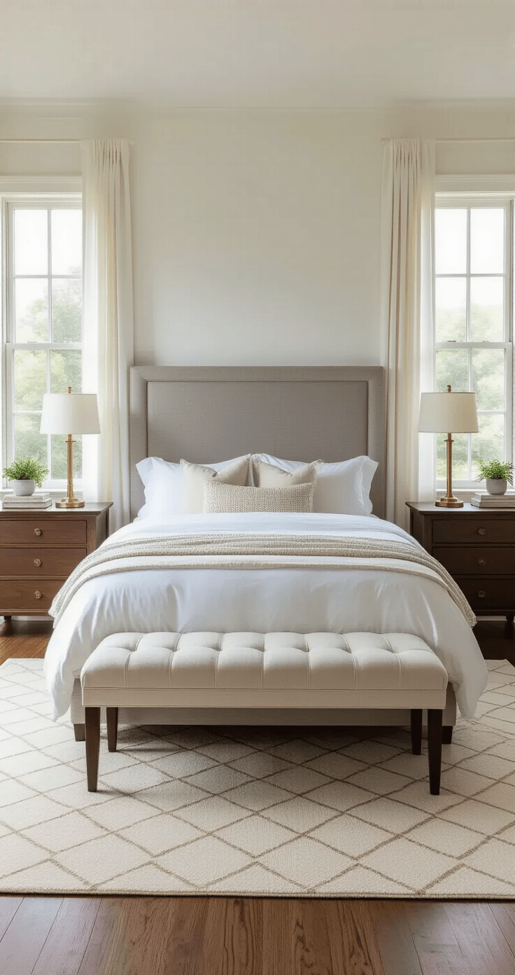 A medium-sized photorealistic bedroom featuring a king-size bed with a soft gray upholstered headboard, dark walnut nightstands, a cream upholstered bench, and a large geometric rug, all bathed in warm mid-morning light from east-facing windows with white linen curtains.