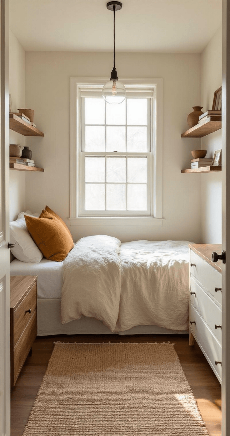 A cozy compact bedroom featuring a corner twin bed with cream linen bedding and an ochre throw pillow, a walnut floating nightstand, a narrow white dresser, and floating walnut shelves above the bed, all warmly lit by golden hour sunlight from a west window. A small jute rug partially under the bed and a pendant light over the nightstand enhance the inviting atmosphere.
