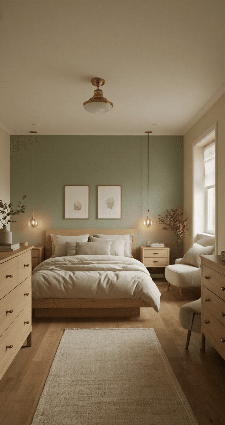 A cozy, narrow bedroom measuring 8x14 feet features a queen platform bed against a muted sage green accent wall, complemented by natural oak nightstands and a six-drawer dresser. The room is softly lit with warm LED lighting, and includes a comfortable reading chair with a side table, a narrow runner rug, and brass picture lights, creating distinct zones for sleeping, dressing, and reading while maintaining an intimate atmosphere.
