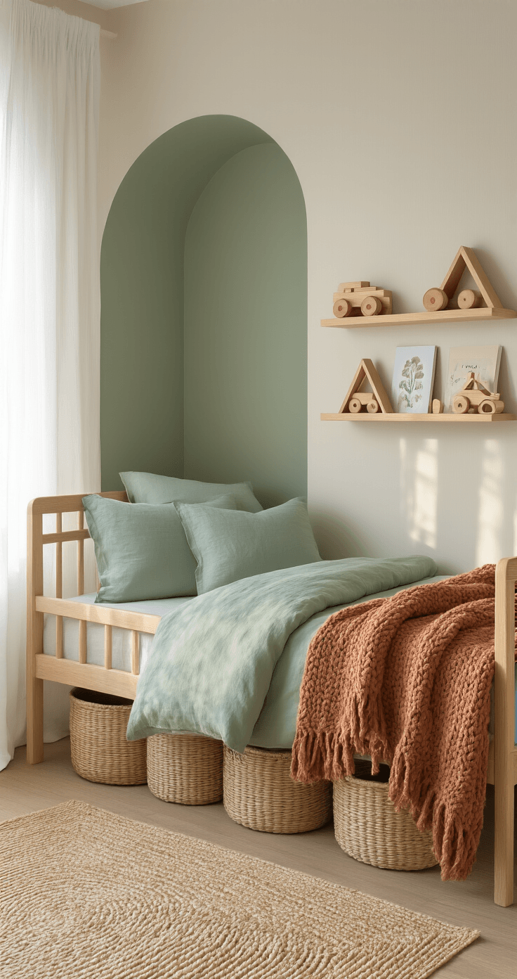 Photorealistic children's bedroom featuring a sage green arch wall behind a twin bed with a natural wood frame, styled with sage green linen duvet, dusty blue throw pillows, and a terracotta throw blanket. Golden hour light filters through sheer white curtains, illuminating cream-colored walls and wooden toys on floating shelves. Woven rattan baskets are tucked under the bed, with a jute rug anchoring the space in a warm, cozy Scandinavian style.