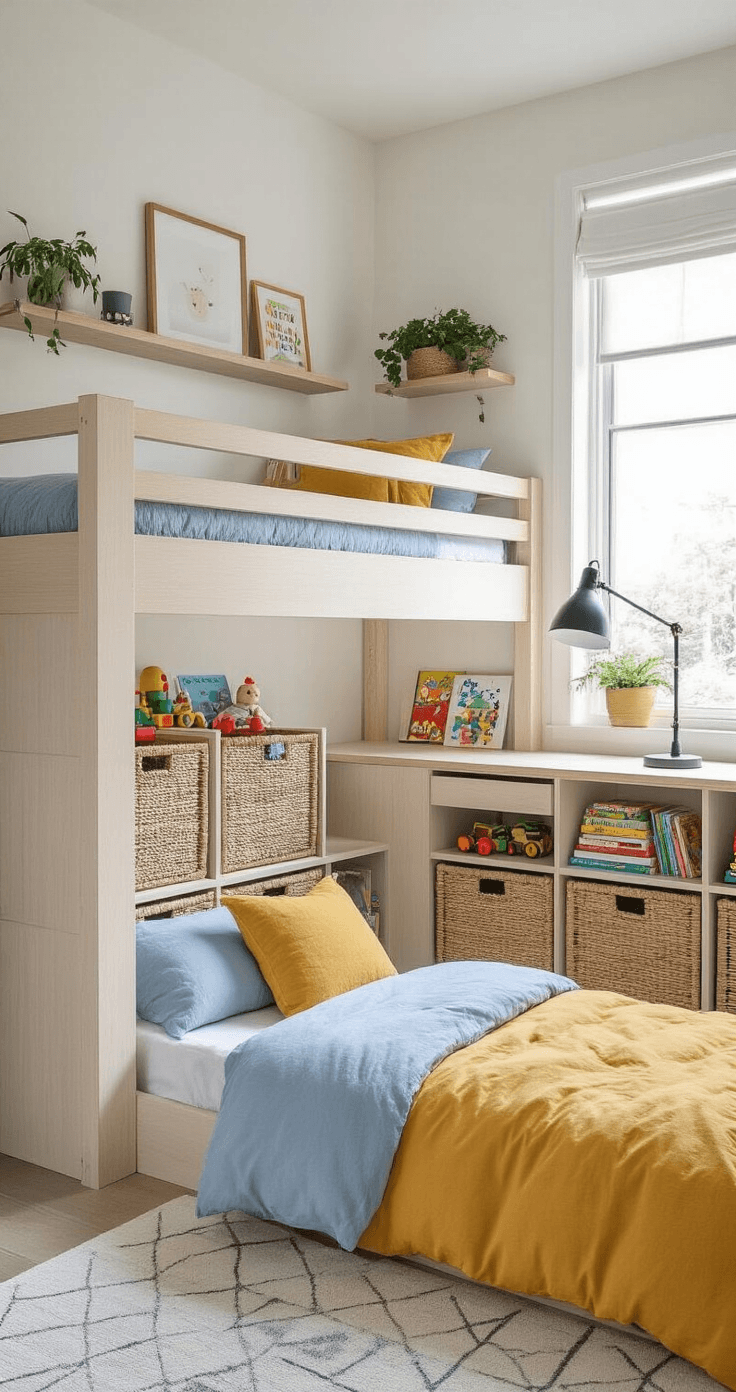 Photorealistic kids' bedroom with light wood bunk bed, built-in desk, and woven storage cubes, illuminated by afternoon light. Features floating shelves, soft blue and mustard accents, industrial desk lamp, and geometric area rug.