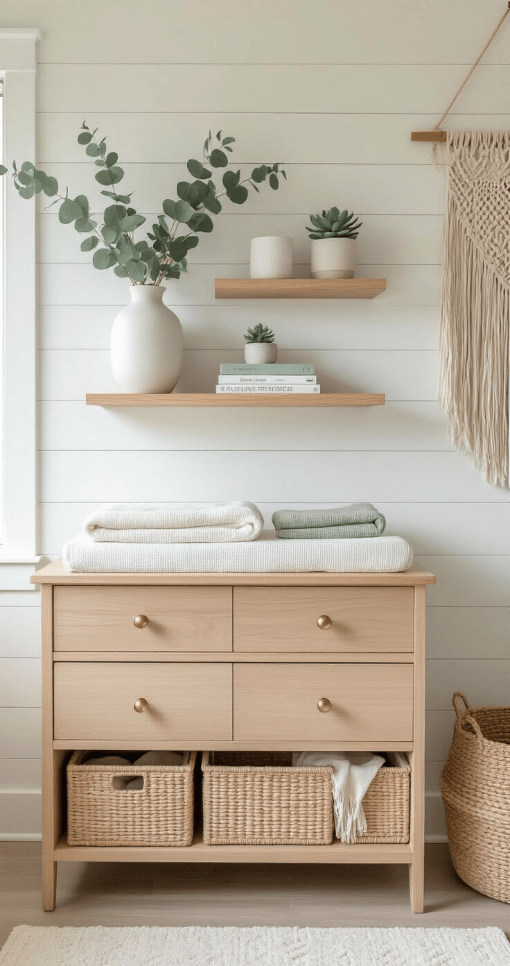 Photorealistic close-up of a nursery changing area featuring a white shiplap wall, wooden floating shelves with a vase of eucalyptus, parenting books, and a potted succulent. Includes a rattan changing basket with organic cotton blankets, a natural wood changing table with brass knobs, and a macrame wall hanging, all conveying a warm, nurturing modern farmhouse aesthetic.