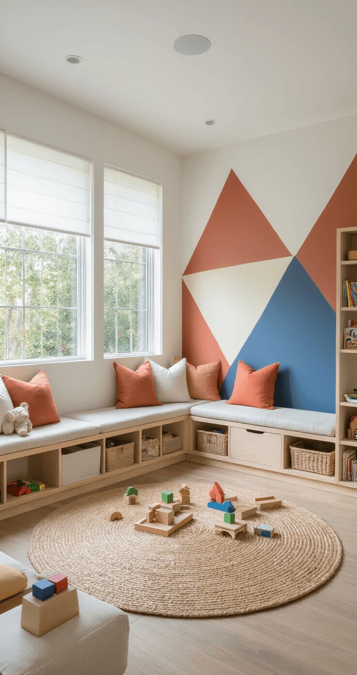 Photorealistic wide shot of a modern kids' playroom featuring a geometric painted wall in dusty blue, terracotta, and cream, with abundant natural light, a natural wood toy storage bench, a jute rug with educational toys, and a cozy reading nook.