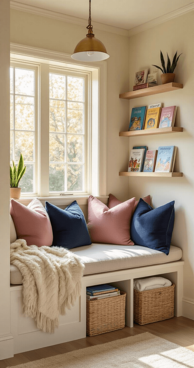 Photorealistic children's reading nook with cream-painted walls, built-in window seat adorned with dusty rose cushions and navy blue pillows, surrounded by warm afternoon light, featuring floating shelves of colorful picture books, a brass pendant light, and a cozy faux sheepskin throw.