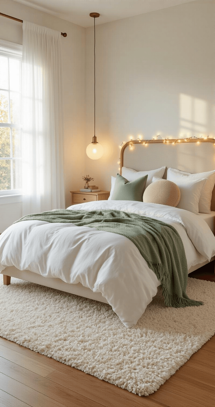 Photorealistic cozy bedroom during golden hour featuring a queen bed with layered white linens, sage green throw blanket, and decorative pillows, warm oak hardwood floors, matching light wood nightstands with brass lamps, and a cream shag rug, all bathed in soft sunlight filtering through sheer curtains.