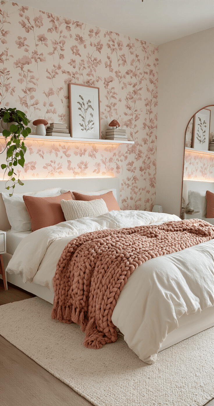 A bright and airy photorealistic bedroom featuring a cozy layout with blush pink floral wallpaper, a neatly made bed with white and cream bedding, and a terracotta chunky knit throw. Floating white shelves are adorned with books, a pothos plant, a ceramic mushroom figurine, and botanical prints, while under-shelf LED lights provide a warm glow. A large round mirror reflects natural light, and a cream area rug complements the space, all captured in a symmetrical composition.