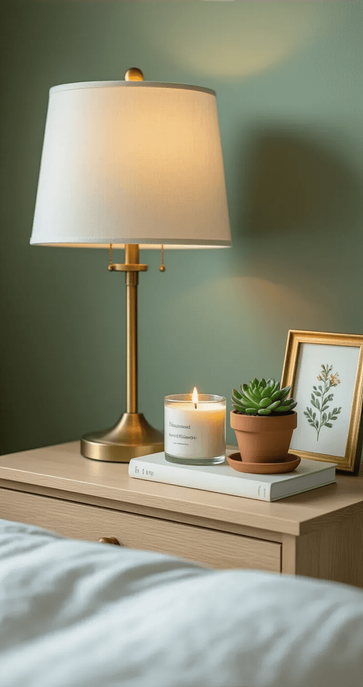 Close-up shot of a styled nightstand featuring a brass lamp, white ceramic tray with a candle and succulent, stacked books, and a brass picture frame, set against a sage green wall with soft morning light.