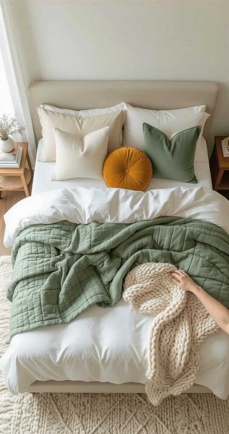 Overhead flat lay of an unmade queen bed featuring a white fitted sheet, cream linen duvet, sage green quilted throw, and six textured pillows, including a round mustard yellow accent pillow, with a chunky knit throw at the foot; hands are visible arranging pillows, illuminated by bright overcast light.