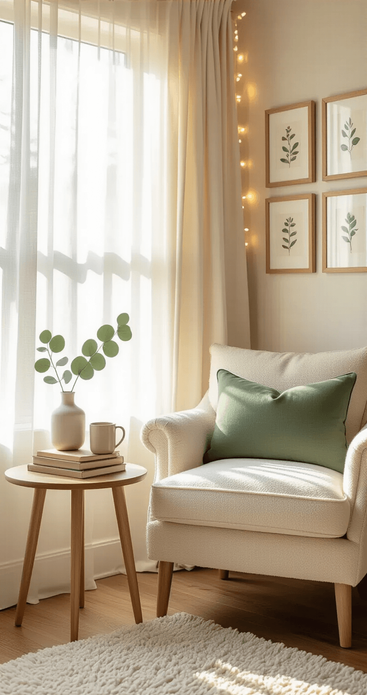 Cozy reading nook bathed in golden hour light, featuring a cream bouclé chair with a sage green pillow, a light wood side table with books and a coffee mug, and string lights framing the window, all enhancing a warm, inviting atmosphere.