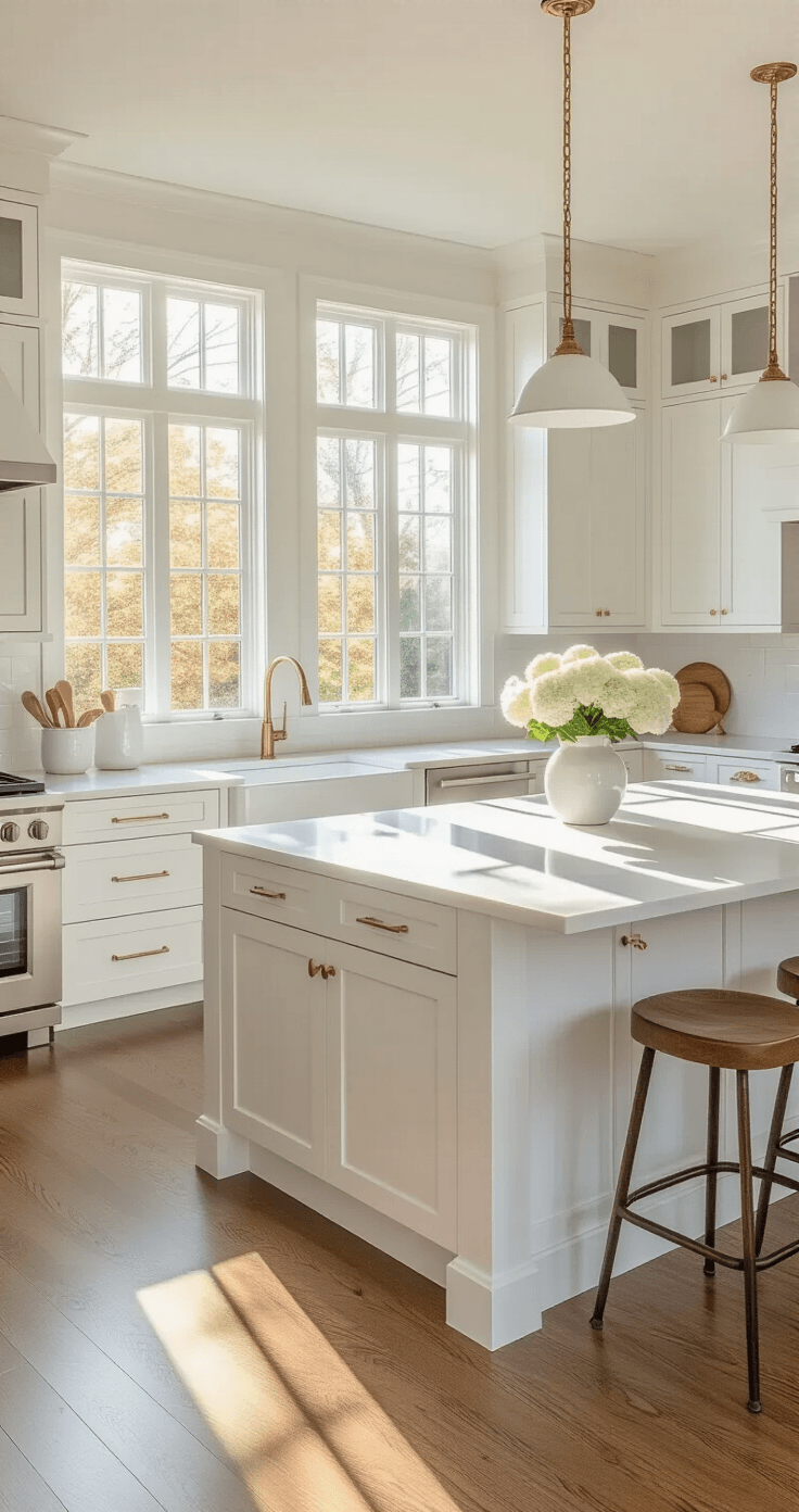 A modern kitchen with white Shaker-style cabinets, warm golden hour lighting, brushed brass hardware, quartz countertops, and honey oak hardwood floors, featuring a central island with white flowers.