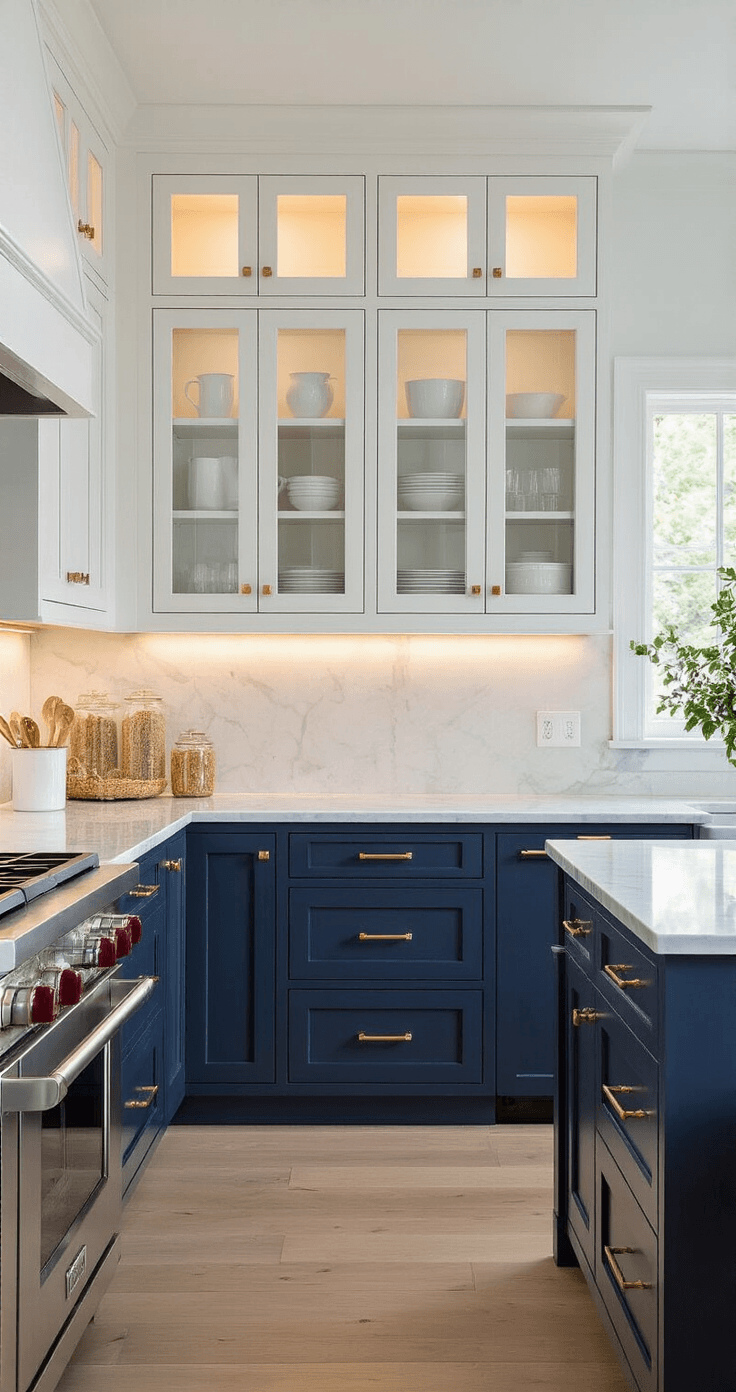 A sophisticated galley kitchen featuring two-tone cabinetry with warm white upper cabinets and deep navy blue lower cabinets, illuminated by late afternoon natural light and warm LED under-cabinet lighting. The space includes flat-panel slab doors, aged brass hardware, glass-front upper cabinets displaying white dinnerware, Carrara marble countertops, and a navy leather-stool-equipped island, all set on wide-plank white oak flooring.