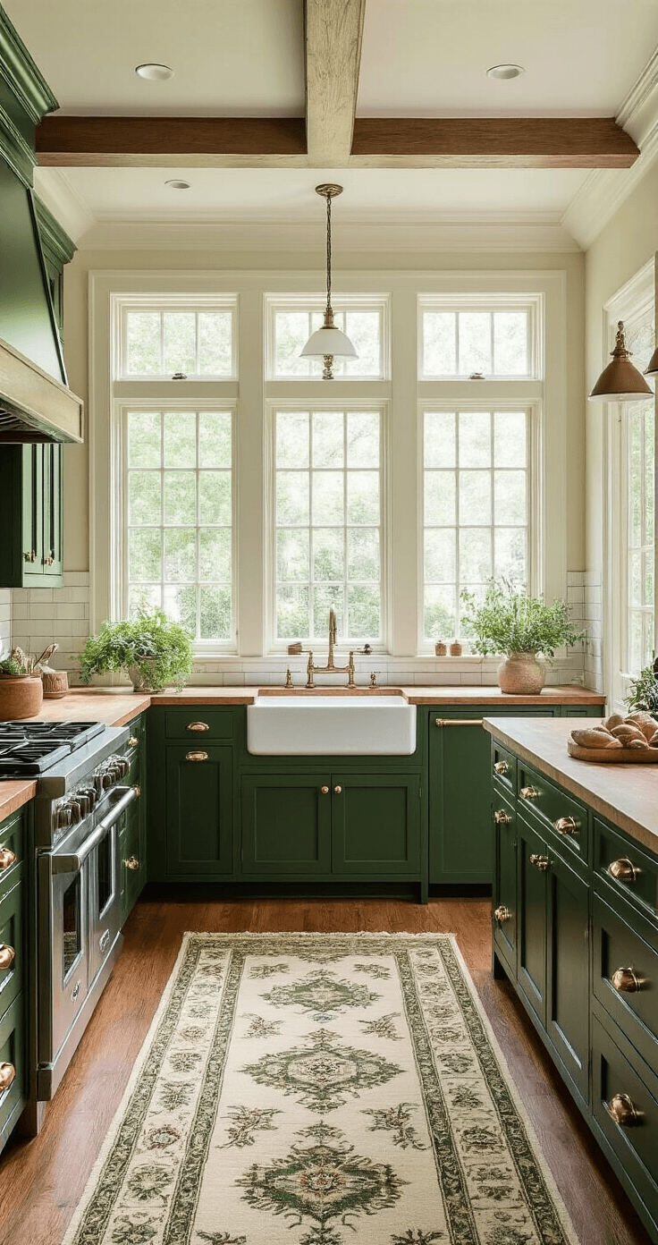 Elegant traditional kitchen with rich forest green Shaker cabinets, butcher block countertops, farmhouse sink, coffered cream ceiling, and vintage Persian runner, all illuminated by soft morning light.