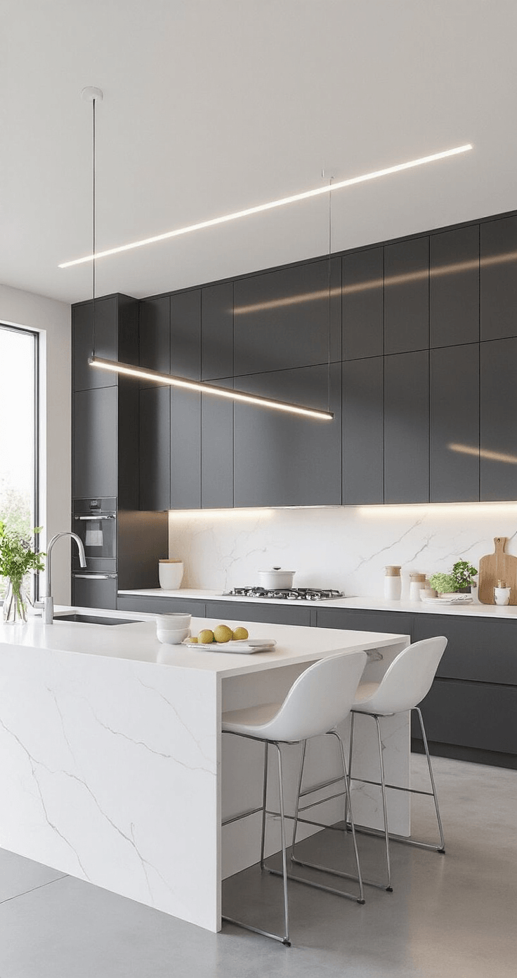 A sleek contemporary kitchen featuring high-gloss charcoal gray slab cabinets with no visible hardware, white waterfall quartz countertops, integrated appliances, and polished concrete floors, captured in bright natural light.