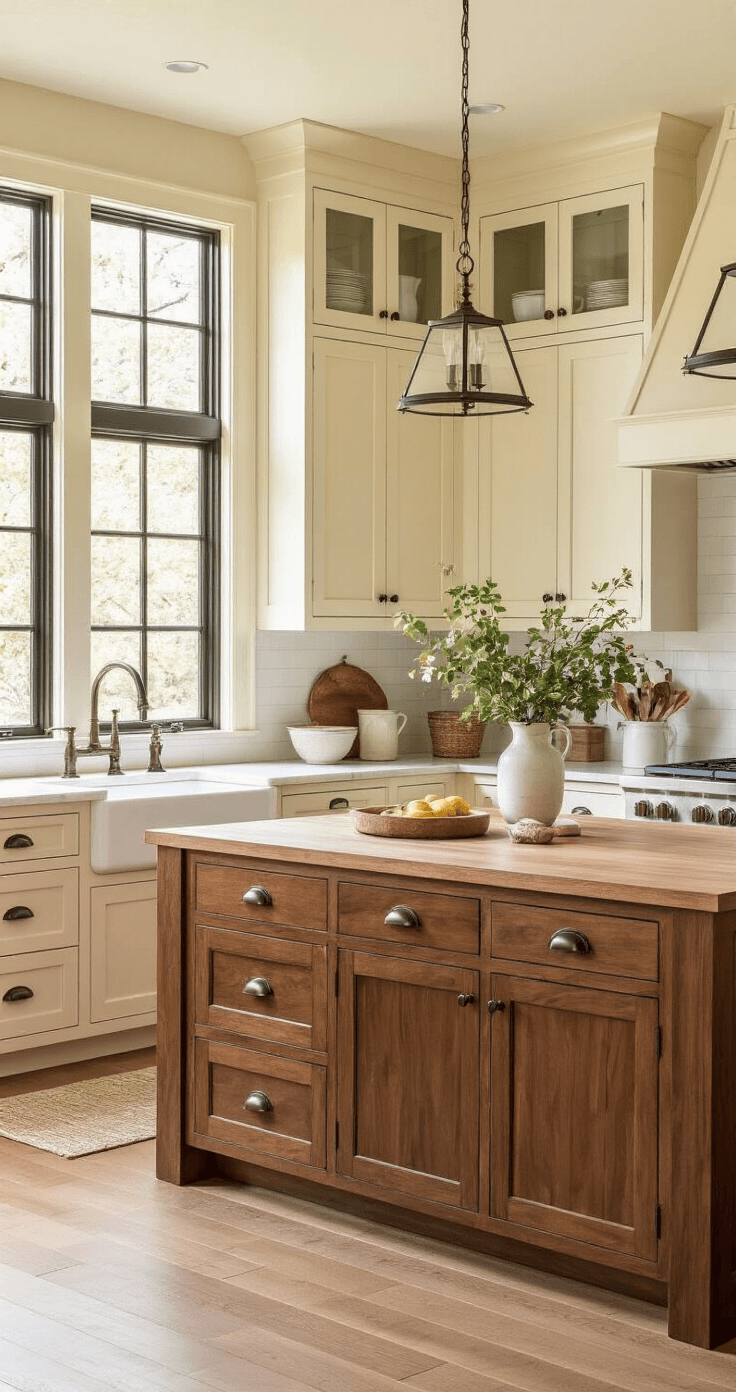 A warm transitional kitchen features two-tone cabinetry with cream-colored Shaker uppers and rich walnut lower cabinets, illuminated by golden afternoon sunlight. A large island with a walnut base and butcher block top anchors the space, while vintage accessories adorn glass-front upper cabinets. Natural stone tile flooring and exposed ceiling beams enhance the inviting atmosphere.