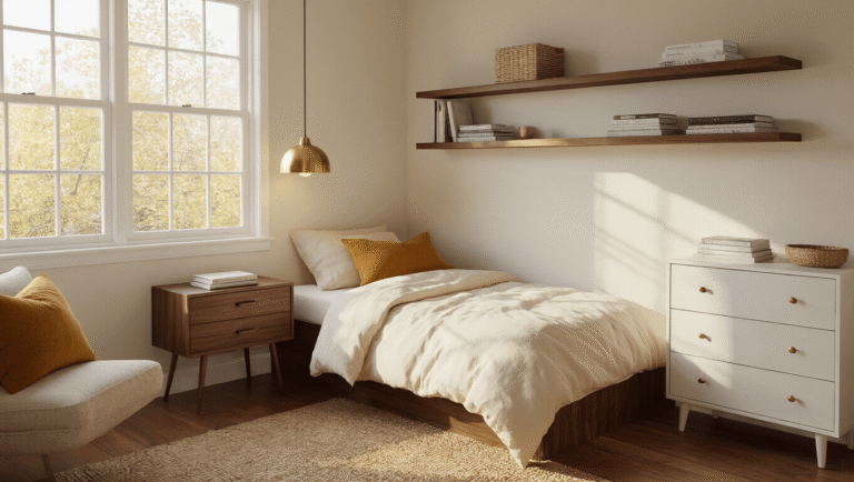Cinematic wide-angle shot of a cozy corner bedroom with cream linen bedding, walnut floating nightstand, white dresser, and warm golden hour sunlight casting soft shadows on hardwood floors.