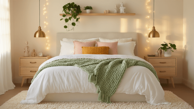 Cinematic wide shot of a cozy bedroom during golden hour, featuring a queen bed with layered white linens and a sage green chunky knit throw, blush pink pillows, warm oak nightstands with brass lamps, twinkling fairy lights, floating shelves with plants, and a textured cream shag rug, all bathed in soft, warm light.