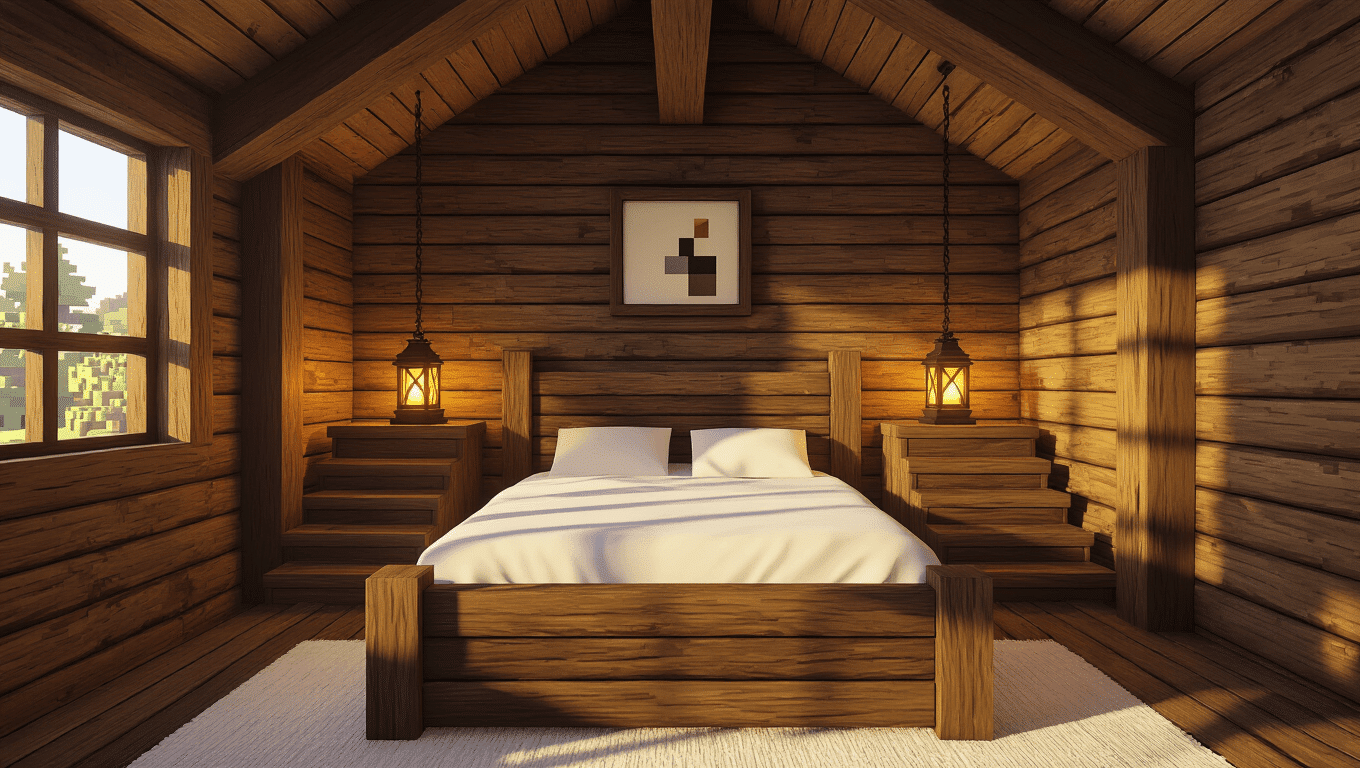 Cozy Minecraft-style cabin bedroom with oak plank walls, a centered bed, lanterns, and warm sunlight creating inviting amber shadows.