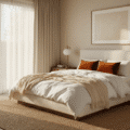 Photorealistic modern bedroom interior with a king-size platform bed dressed in white linen, featuring a cream knit throw and rust velvet pillows, illuminated by warm golden hour light filtering through sheer curtains, highlighting layered textures and a warm neutral palette with caramel leather accents.