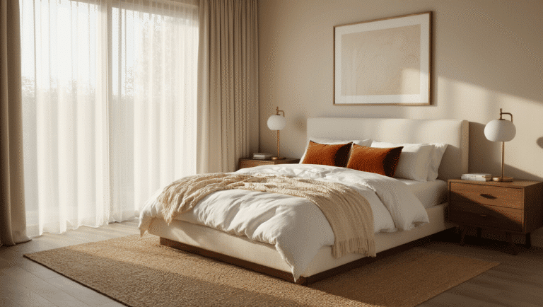 Photorealistic modern bedroom interior with a king-size platform bed dressed in white linen, featuring a cream knit throw and rust velvet pillows, illuminated by warm golden hour light filtering through sheer curtains, highlighting layered textures and a warm neutral palette with caramel leather accents.