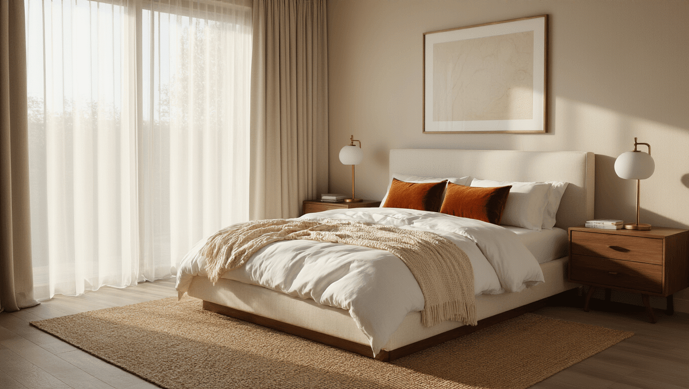 Photorealistic modern bedroom interior with a king-size platform bed dressed in white linen, featuring a cream knit throw and rust velvet pillows, illuminated by warm golden hour light filtering through sheer curtains, highlighting layered textures and a warm neutral palette with caramel leather accents.
