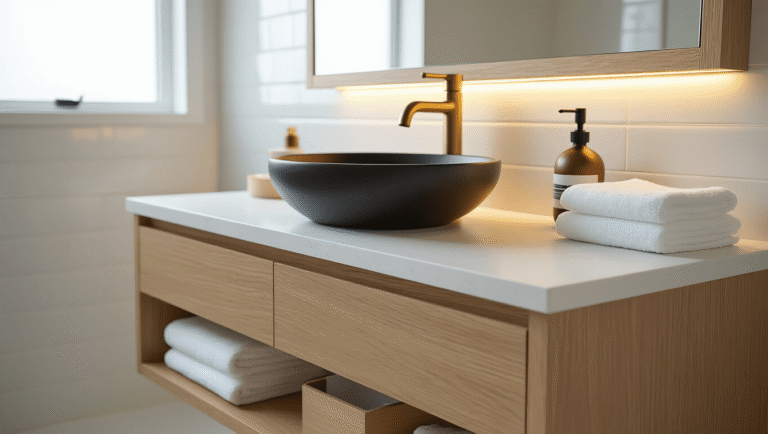 Photorealistic modern floating bathroom vanity in warm white oak with a white quartz countertop, matte black vessel sink, and brass faucet, illuminated by soft LED lighting; features organized drawers, clean subway tiles, and plush white towels, creating a serene and inviting spa-like ambiance.