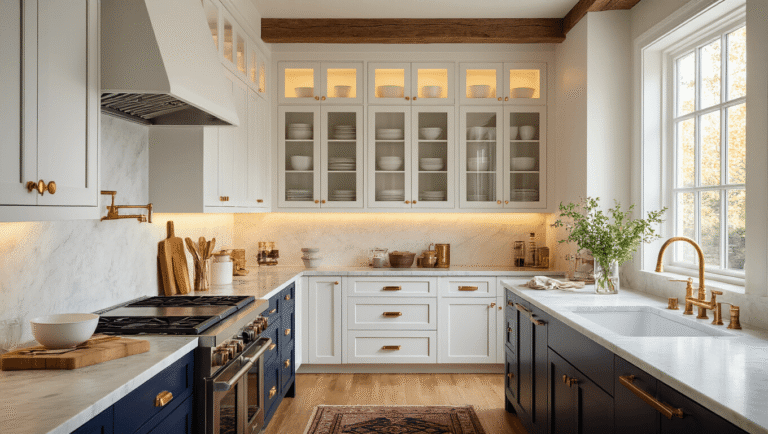Kitchen Cabinets Ideas That'll Make You Want to Renovate Tomorrow Elegant kitchen featuring white Shaker cabinets with brass hardware, deep navy lowers, glass-front uppers, Carrara marble countertops, honey oak floors, and warm lighting.