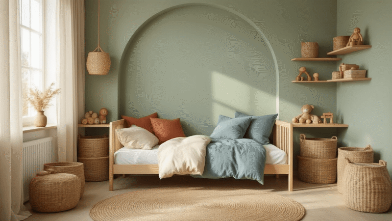 Photorealistic children's bedroom with sage green arch wall, natural wood twin bed adorned with cream linen duvet, dusty blue pillows, and a terracotta throw, bathed in warm golden hour light; features woven rattan storage baskets, wooden toys, jute rug, and cozy Scandinavian decor.