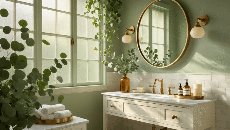 Cinematic sage green spa bathroom with a floating white oak vanity, honed Carrara marble countertops, brushed brass fixtures, fresh eucalyptus, and warm morning light filtering through frosted windows, creating a tranquil atmosphere.