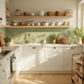 Cinematic overhead view of a bright Scandinavian-style tiny kitchen with white shaker cabinets, pale wood shelves, and a sage green peel-and-stick backsplash, featuring a rolling cart, herb pots, and woven baskets, illuminated by warm golden hour lighting.