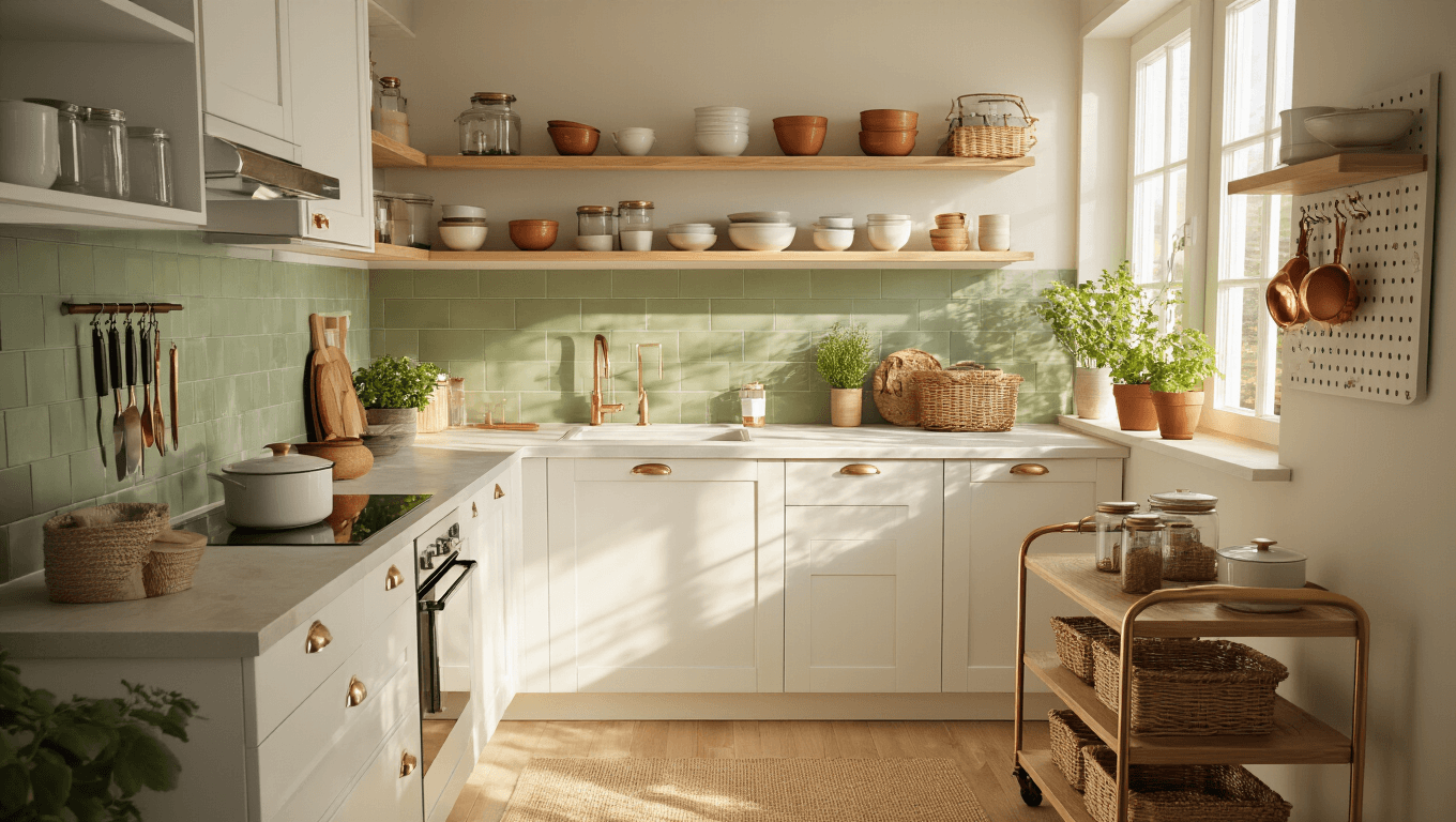 Cinematic overhead view of a bright Scandinavian-style tiny kitchen with white shaker cabinets, pale wood shelves, and a sage green peel-and-stick backsplash, featuring a rolling cart, herb pots, and woven baskets, illuminated by warm golden hour lighting.