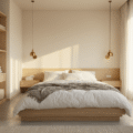 Photorealistic wide-angle view of a tiny bedroom with pale oak walls, soft golden hour light, a centered storage bed with white linens, floating wooden shelves, wall-mounted brass reading lights, a full-length mirror, vertical storage towers, and polished concrete floors, creating an inviting and airy atmosphere.