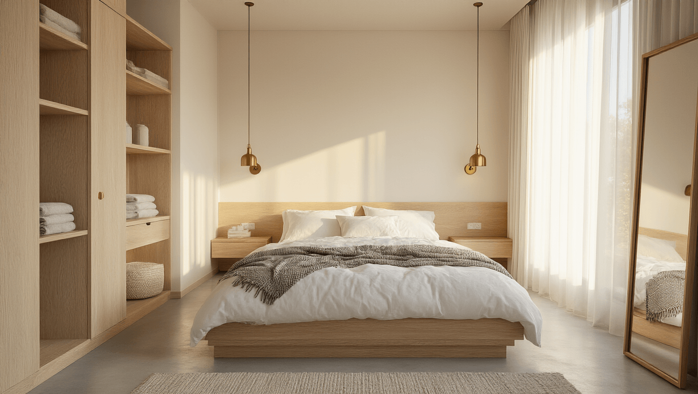 Photorealistic wide-angle view of a tiny bedroom with pale oak walls, soft golden hour light, a centered storage bed with white linens, floating wooden shelves, wall-mounted brass reading lights, a full-length mirror, vertical storage towers, and polished concrete floors, creating an inviting and airy atmosphere.