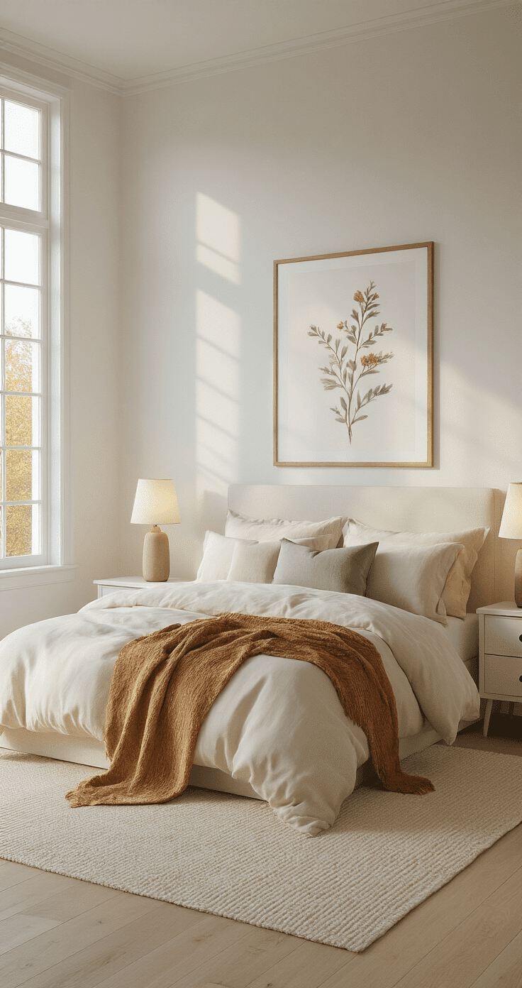 Photorealistic image of a medium-sized bedroom with white walls, light hardwood floors, and warm golden hour light. The focal point is a stylish queen bed with cream linen duvet, caramel throw, and arranged pillows. Two matching ceramic lamps on white nightstands, a large botanical print above the headboard, and a cream wool area rug extend beyond the bed, creating a cozy and inviting atmosphere.