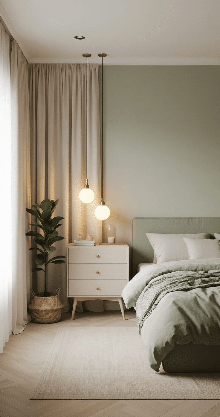 Photorealistic small bedroom interior with light gray walls, pale oak flooring, and a soft sage accent wall, featuring smart vertical design, layered warm lighting, and a corner fiddle leaf fig plant, shot from the entrance to emphasize spaciousness.
