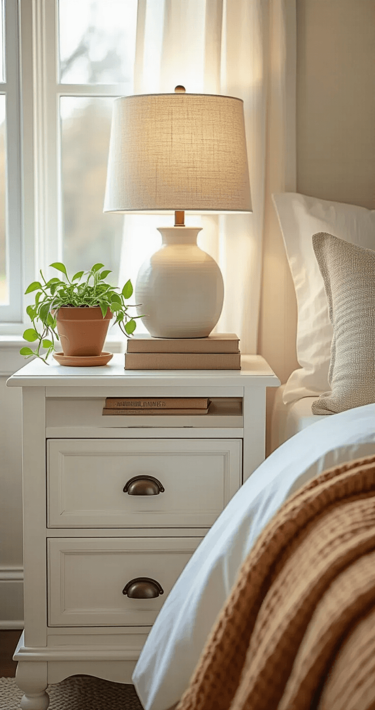 Photorealistic close-up of a white wooden nightstand with two drawers, featuring a ceramic table lamp, a stack of muted hardcover books, and a small terracotta pot with a pothos plant, all bathed in soft morning light. The scene includes cream bedding and a caramel throw blanket in the background, emphasizing a calming, uncluttered aesthetic.