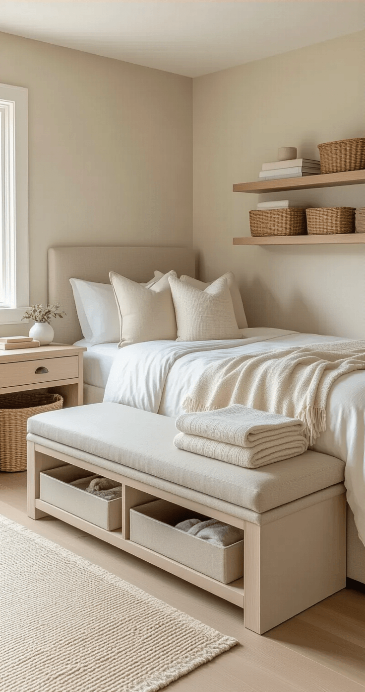 A medium-sized photorealistic bedroom featuring beige walls and light wood floors, filled with natural daylight. The room includes a warm taupe storage bench at the foot of the bed, topped with a cream throw, two nightstands with discrete drawer storage, woven baskets for linens, and intentional under-bed storage boxes. Floating shelves display minimal decor, showcasing a design that emphasizes clean lines and neutral materials.