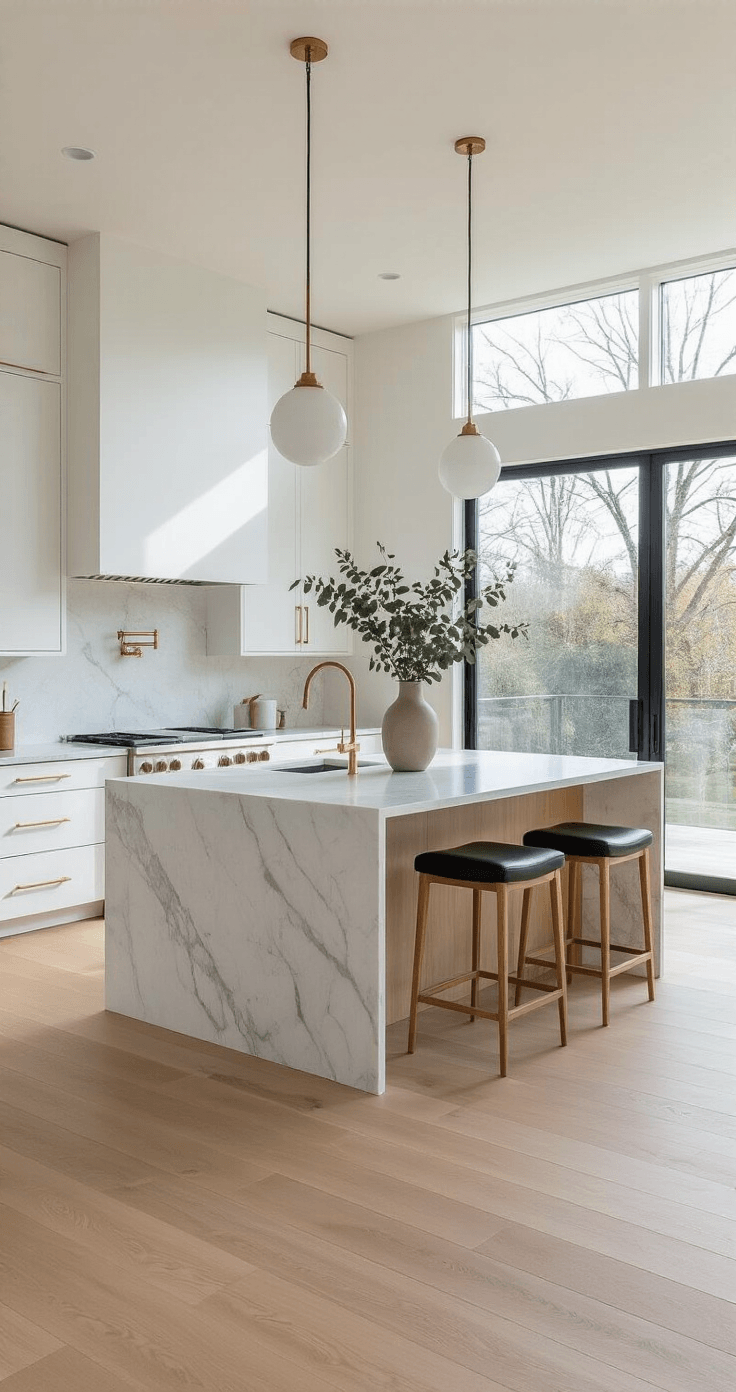 Modern minimalist kitchen with white oak cabinets, a waterfall-edge Carrara marble island, and ample natural light from floor-to-ceiling windows, styled with brass accents and eucalyptus decor.