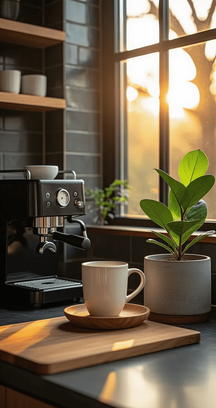 Intimate close-up of a modern coffee station with a matte black countertop, featuring a sleek espresso machine, a handcrafted ceramic mug on a walnut tray, a fiddle leaf fig in a concrete planter, and textured charcoal tile backsplash, illuminated by golden hour light.