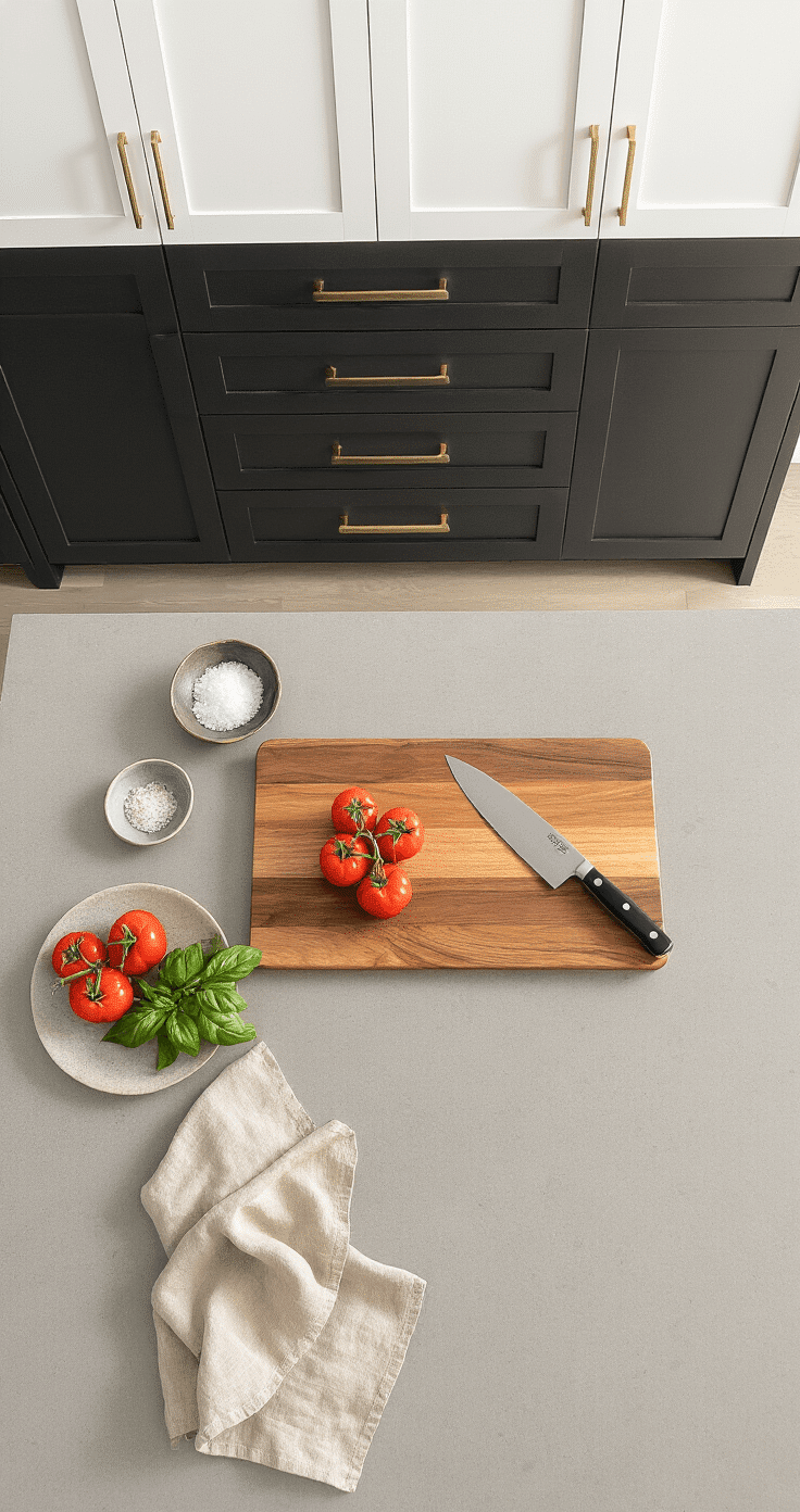 Dramatic overhead shot of a modern kitchen island during golden hour, featuring a Caesarstone countertop, vibrant heirloom tomatoes, fresh basil, a chef's knife, sea salt, and natural linen towels, all set against matte black lower cabinets and white upper cabinets, illuminated by black pendant lights.